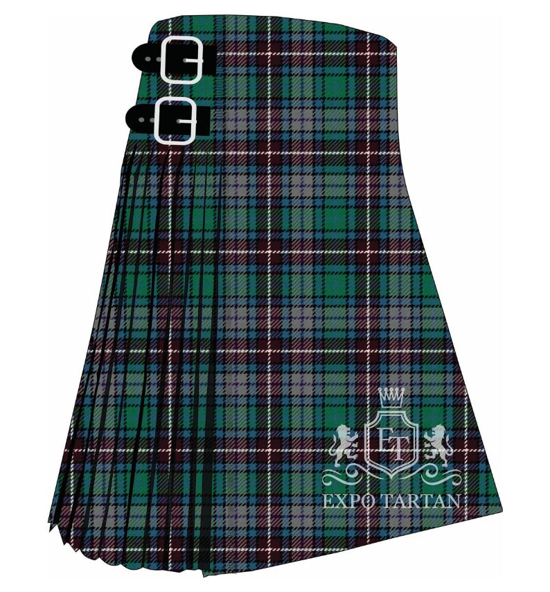 Men's Caribou District Ancient Tartan Kilt showing traditional knife pleats and black leather side straps in a green and grey sett, intricately intersected by burgundy and navy bands and fine white overchecks