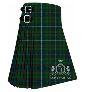 Men's Carinthian National Ancient Tartan Kilt showing traditional knife pleats and black leather side straps in a green and navy sett, intricately intersected by burgundy bands and fine yellow and white overchecks
