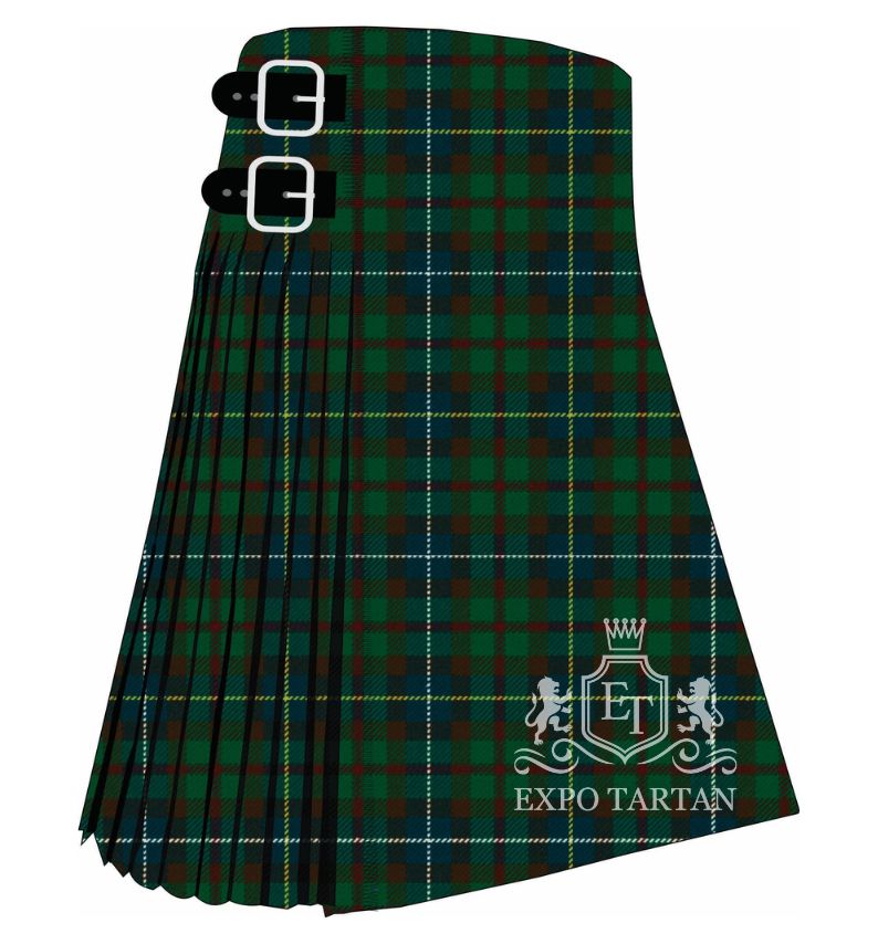 Men's Carinthian National Ancient Tartan Kilt showing traditional knife pleats and black leather side straps in a green and navy sett, intricately intersected by burgundy bands and fine yellow and white overchecks