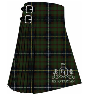 Men's Carinthian National Tartan Kilt showing traditional knife pleats and black leather side straps in a green and navy sett, intricately intersected by burgundy bands and fine yellow and white overcheck