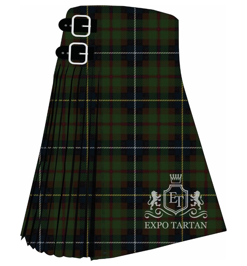 Men's Carinthian National Tartan Kilt showing traditional knife pleats and black leather side straps in a green and navy sett, intricately intersected by burgundy bands and fine yellow and white overcheck