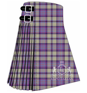 Men's Carse of Gowrie Dress Tartan Kilt showing traditional knife pleats and black leather side straps in a light beige sett, intricately intersected by purple and blue bands and fine yellow overcheck