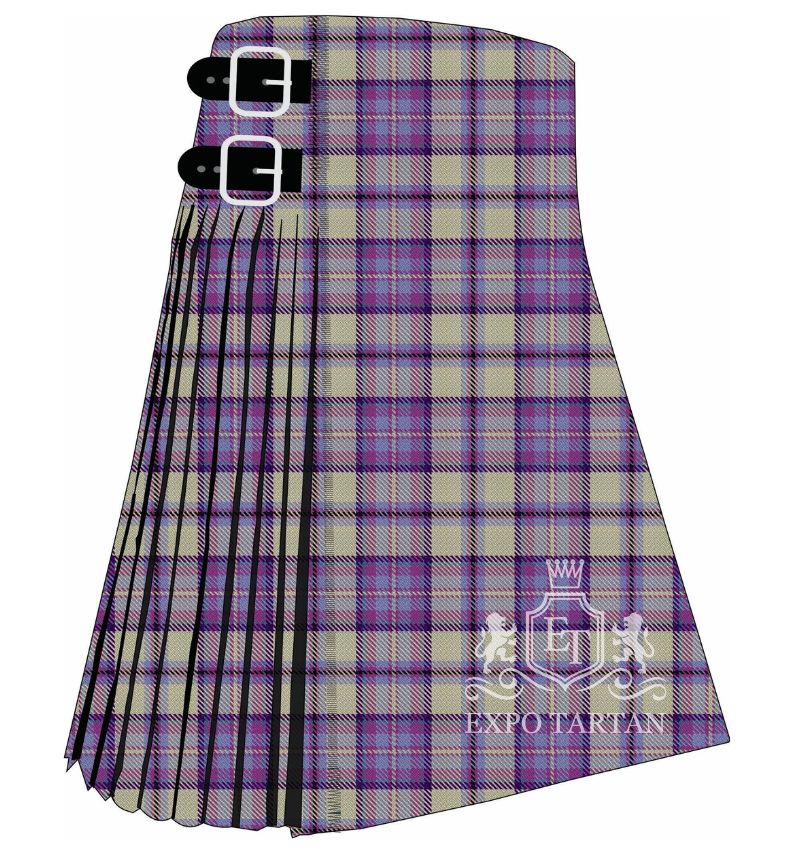 Men's Carse of Gowrie Dress Tartan Kilt showing traditional knife pleats and black leather side straps in a light beige sett, intricately intersected by purple and blue bands and fine yellow overcheck