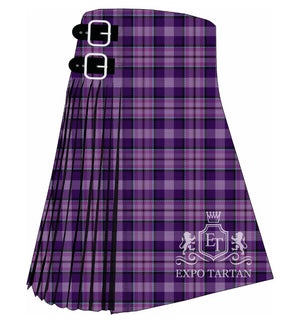 Men's Carse of Gowrie Tartan Kilt showing traditional knife pleats and black leather side straps in a vibrant purple sett, intricately intersected by broad black bands and fine turquoise lines