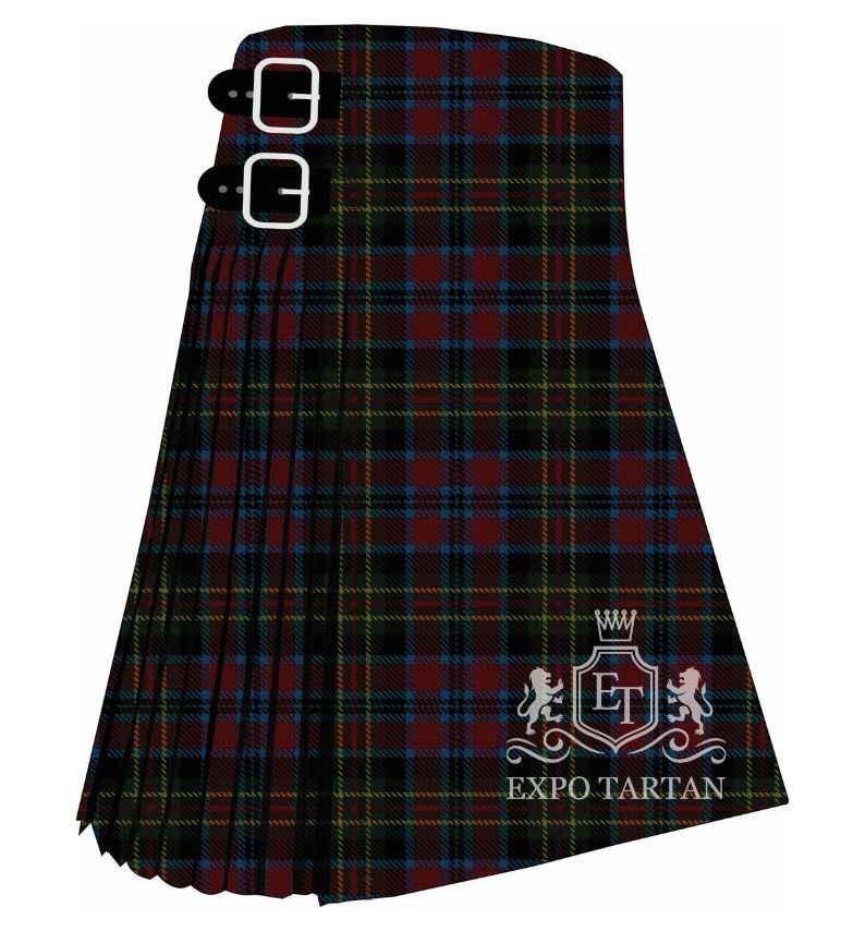Men's Sir George-Étienne Cartier Tartan Kilt showing traditional knife pleats and black leather side straps in a rich red and black sett, intricately intersected by green and blue bands and fine yellow and white overchecks
