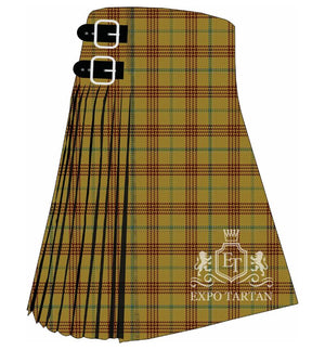 Men's Catalan Tartan Kilt showing traditional knife pleats and black leather side straps in a golden ochre sett, intricately intersected by red bands and fine blue and green overchecks