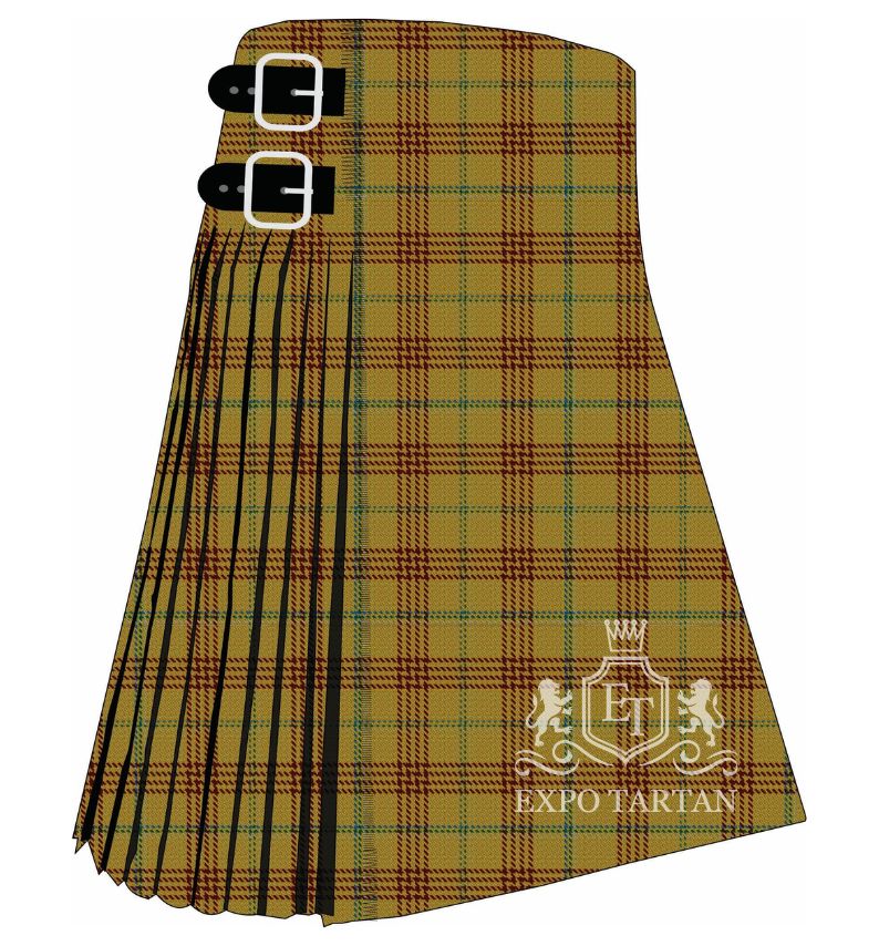 Men's Catalan Tartan Kilt showing traditional knife pleats and black leather side straps in a golden ochre sett, intricately intersected by red bands and fine blue and green overchecks
