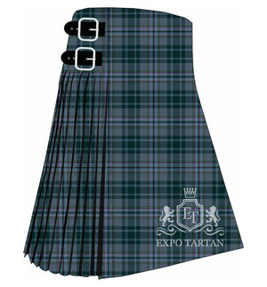 Men's The Causeway Tartan Kilt showing traditional knife pleats and black leather side straps in a greyish-blue and dark green sett, intricately intersected by fine pink and light blue overchecks