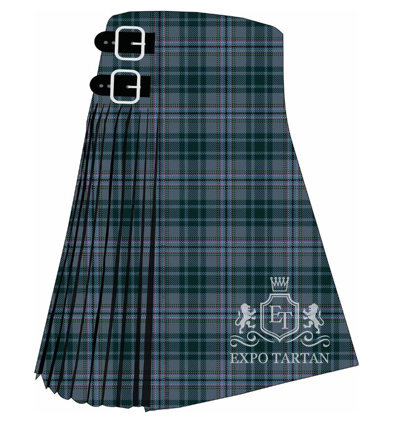 Men's The Causeway Tartan Kilt showing traditional knife pleats and black leather side straps in a greyish-blue and dark green sett, intricately intersected by fine pink and light blue overchecks