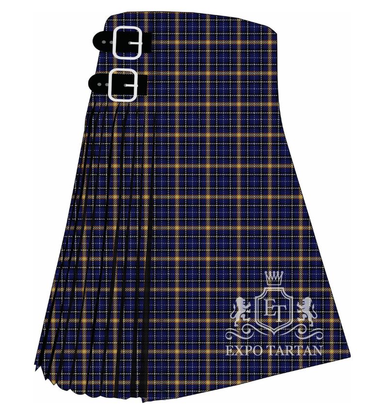 Men's Chandolin Tartan Kilt showing traditional knife pleats and black leather side straps in a deep navy blue sett, intricately intersected by golden yellow bands and fine white overchecks