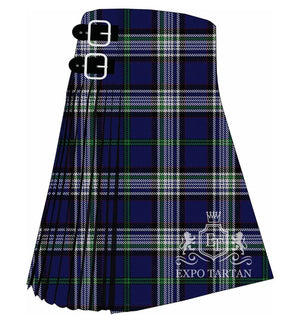 Men's Change Mental Health Tartan Kilt showing traditional knife pleats and black leather side straps in a deep navy blue sett, intricately intersected by white and black bands and fine green overchecks