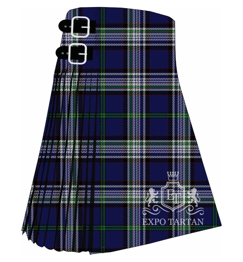 Men's Change Mental Health Tartan Kilt showing traditional knife pleats and black leather side straps in a deep navy blue sett, intricately intersected by white and black bands and fine green overchecks