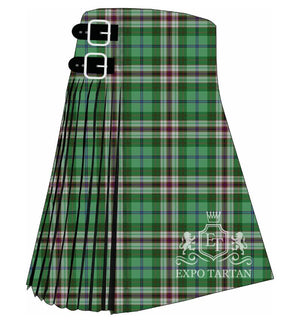 Men's Charlottetown Tartan Kilt showing traditional knife pleats and black leather side straps in a bright green sett, intricately intersected by white and dark green bands with fine burgundy and blue overchecks