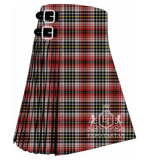 Men's Chartered Institute of Arbitrators Tartan Kilt showing traditional knife pleats and black leather side straps in a bright red and white sett, intricately intersected by black bands and fine yellow overchecks