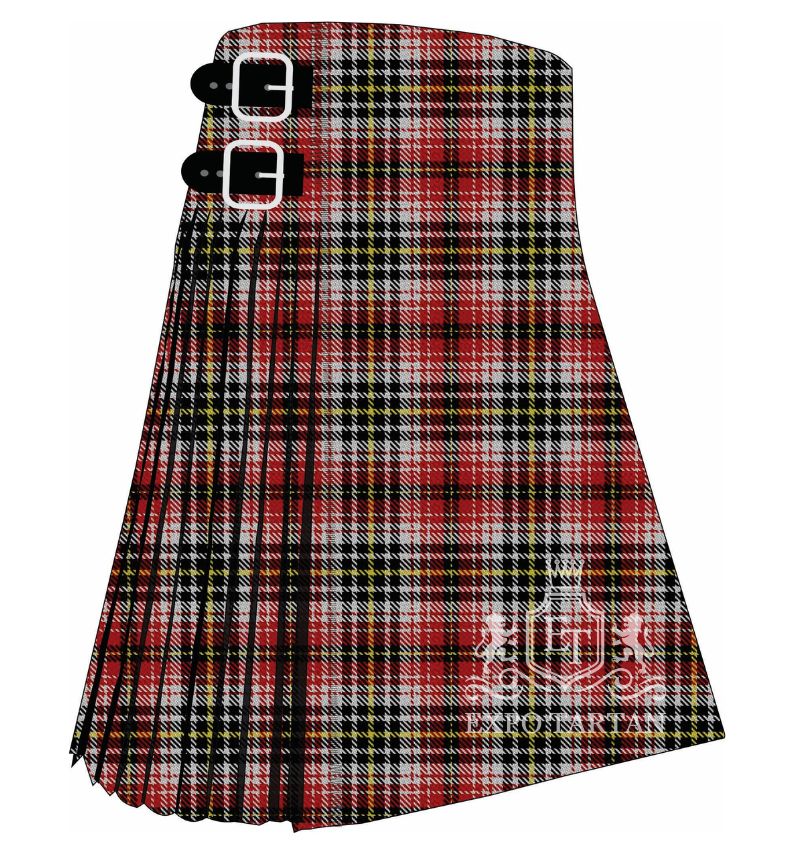 Men's Chartered Institute of Arbitrators Tartan Kilt showing traditional knife pleats and black leather side straps in a bright red and white sett, intricately intersected by black bands and fine yellow overchecks