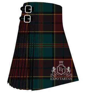 Men's Chelsea Tartan Kilt showing traditional knife pleats and black leather side straps in a forest green and burgundy sett, intricately intersected by black bands and fine yellow and red overchecks