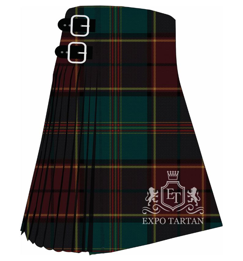 Men's Chelsea Tartan Kilt showing traditional knife pleats and black leather side straps in a forest green and burgundy sett, intricately intersected by black bands and fine yellow and red overchecks