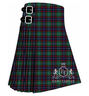 Men's Cherokee Tartan Kilt showing traditional knife pleats and black leather side straps in a green and navy sett, intricately intersected by burgundy bands and fine white overchecks