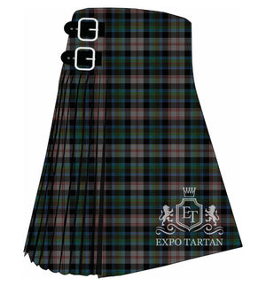 Men's Cherry Valley New York Tartan Kilt showing traditional knife pleats and black leather side straps in a grey and black sett, intricately intersected by green and blue bands with fine red and white overchecks