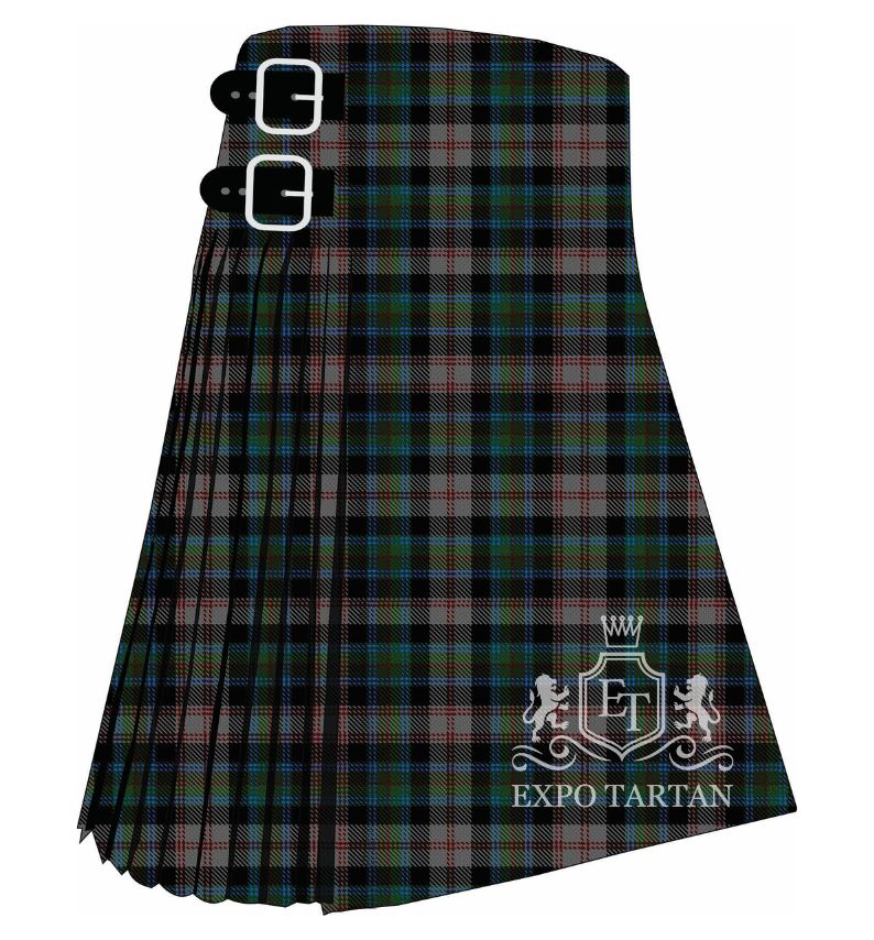 Men's Cherry Valley New York Tartan Kilt showing traditional knife pleats and black leather side straps in a grey and black sett, intricately intersected by green and blue bands with fine red and white overchecks