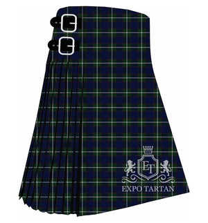 Men's Chestico Tartan Kilt showing traditional knife pleats and black leather side straps in a deep navy blue and green sett, intricately intersected by fine white overchecks