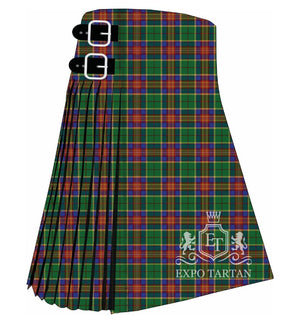 Men's Chicopee, MA Tartan Kilt showing traditional knife pleats and black leather side straps in a green, blue, and red sett, intricately intersected by bright yellow overchecks