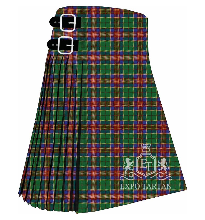 Men's Chicopee, MA Tartan Kilt showing traditional knife pleats and black leather side straps in a green, blue, and red sett, intricately intersected by bright yellow overchecks
