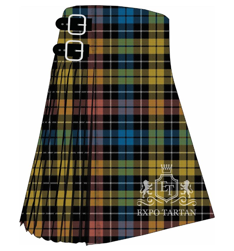 Men's Children in Need Tartan Kilt showing traditional knife pleats and black leather side straps in a golden-yellow and black sett, intricately intersected by a colorful grid of blue, green, red, and white overchecks