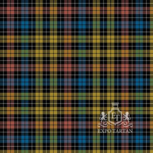 Men's Children in Need Swatch showing a golden-yellow and black sett, intricately intersected by a colorful grid of blue, green, red, and white overchecks