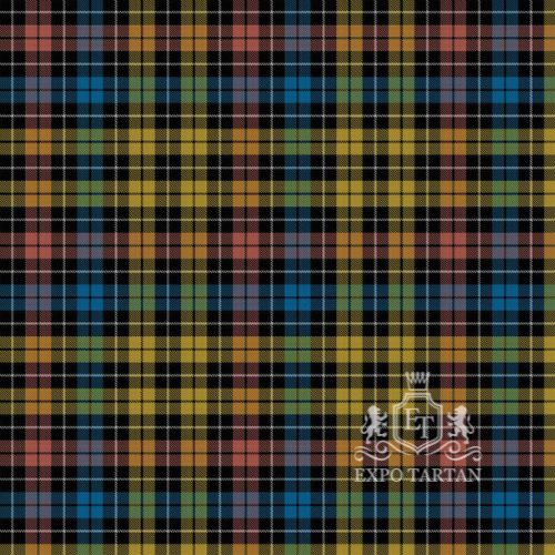 Men's Children in Need Swatch showing a golden-yellow and black sett, intricately intersected by a colorful grid of blue, green, red, and white overchecks