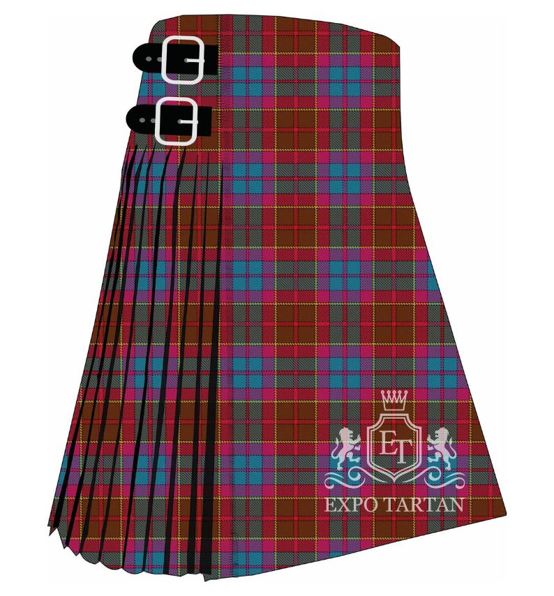 Men's CHAS Tartan Kilt showing traditional knife pleats and black leather side straps in a dark red and teal sett, intricately intersected by magenta bands and yellow overchecks.