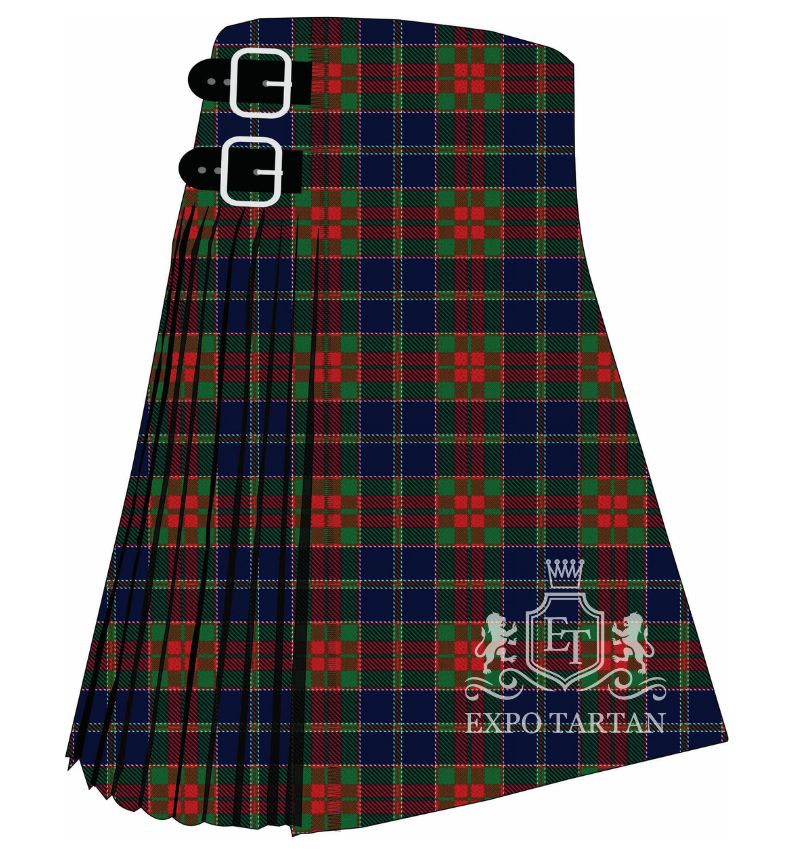 Men's Christmas Morning Tartan Kilt showing traditional knife pleats and black leather side straps in a dark navy and green sett, intricately intersected by bright red bands and fine yellow overchecks.