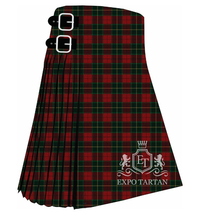 Men's Christmas Tartan Kilt showing traditional knife pleats and black leather side straps in a dark red and forest green sett, intricately intersected by fine yellow overcheck