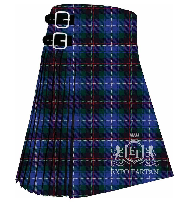 Men's Church of Scotland Tartan Kilt showing traditional knife pleats and black leather side straps in a dark blue and green sett, intricately intersected by fine red and white overcheck