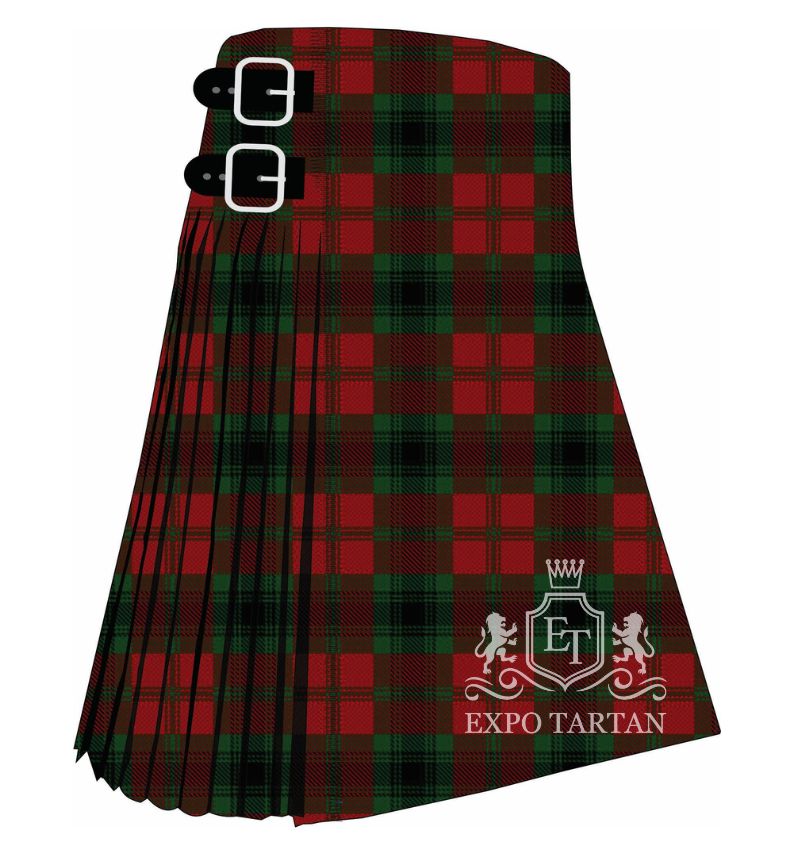 Men's City of Armadale Tartan Kilt showing traditional knife pleats and black leather side straps in a dark red and green sett, intricately intersected by solid black bands