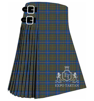 Men's City of Dorval Tartan Kilt showing traditional knife pleats and black leather side straps in a deep blue and olive green sett, intricately intersected by bright orange and light blue overchecks