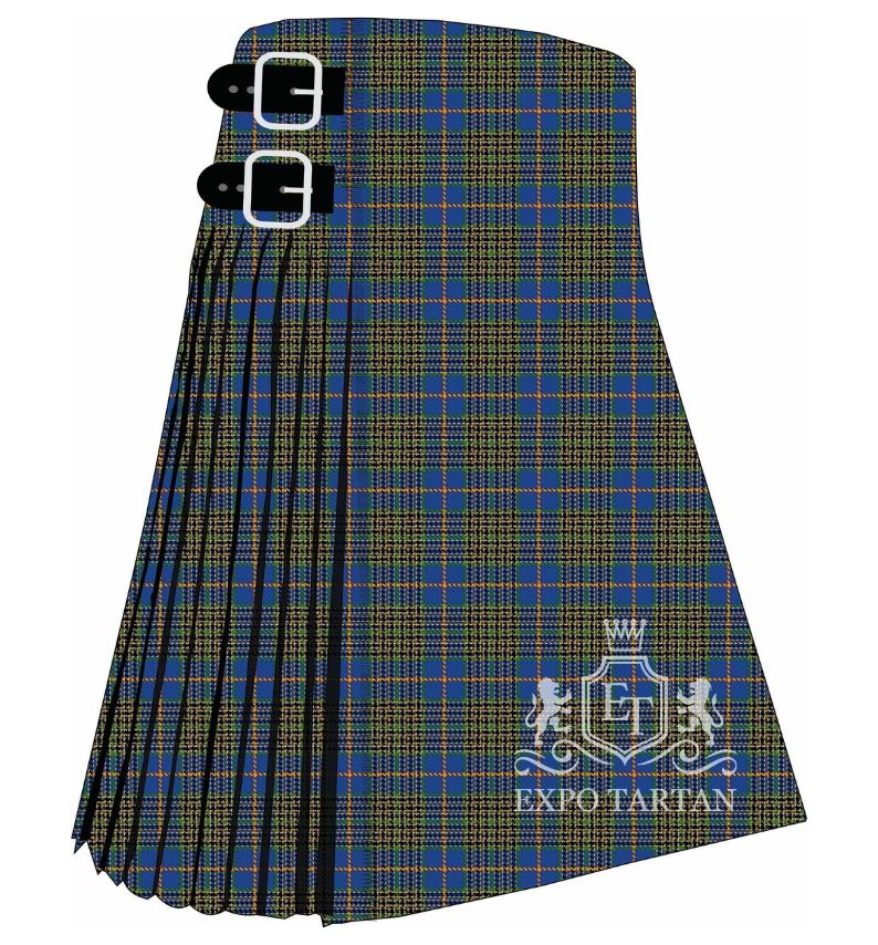 Men's City of Dorval Tartan Kilt showing traditional knife pleats and black leather side straps in a deep blue and olive green sett, intricately intersected by bright orange and light blue overchecks