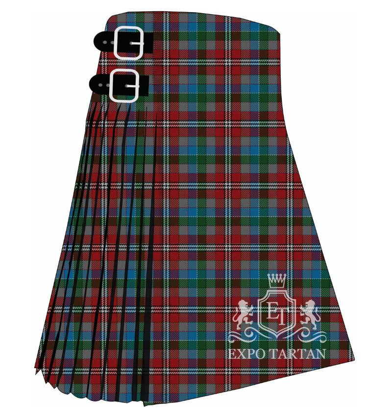 Men's City of Edinburgh 2001 Tartan Kilt showing traditional knife pleats and black leather side straps in a vibrant red sett, intricately intersected by blue, green, and grey bands