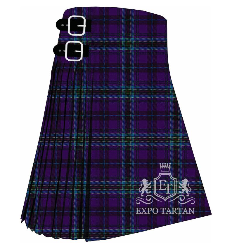 Men's City of Geneva Tartan Kilt showing traditional knife pleats and black leather side straps in a deep purple and black sett, intricately intersected by bright blue and fine green overcheck