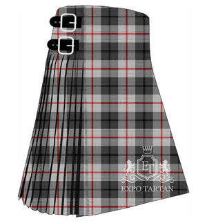 Men's City of London Tartan Kilt showing traditional knife pleats and black leather side straps in a light grey sett, intricately intersected by dark grey bands and bright red overchecks