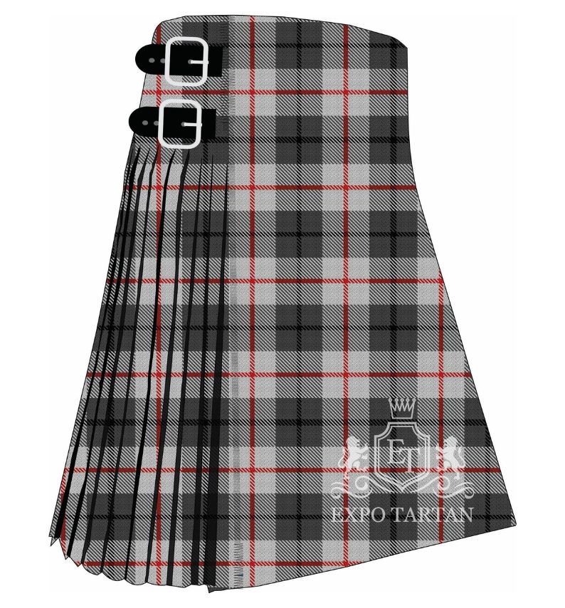 Men's City of London Tartan Kilt showing traditional knife pleats and black leather side straps in a light grey sett, intricately intersected by dark grey bands and bright red overchecks