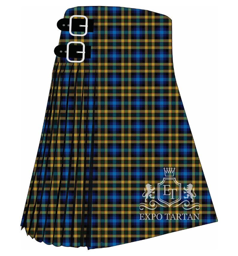 Men's City of Long Beach Tartan Kilt showing traditional knife pleats and black leather side straps in a deep blue and dark green sett, intricately intersected by bright yellow overchecks