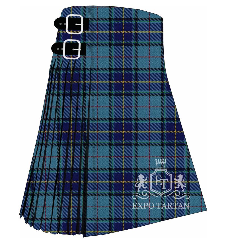 Men's City of Los Angeles Tartan Kilt showing traditional knife pleats and black leather side straps in a light blue and navy sett, intricately intersected by bright yellow and red overcheck