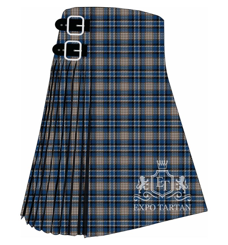 Men's City of Pointe Claire Tartan Kilt showing traditional knife pleats and black leather side straps in a medium blue and tan sett, intricately intersected by dark bands and crisp white overcheck