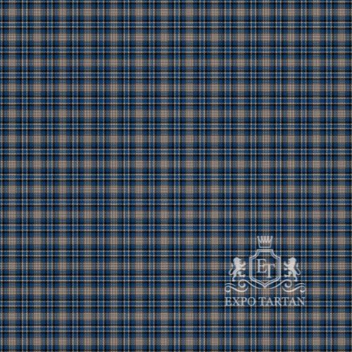 Men's City of Pointe Claire Swatch showing a medium blue and tan sett, intricately intersected by dark bands and crisp white overcheck
