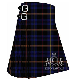 Men's City of Rome Pipe Band Tartan Kilt showing traditional knife pleats and black leather side straps in a dark navy and black sett, intricately intersected by bright yellow and maroon overchecks