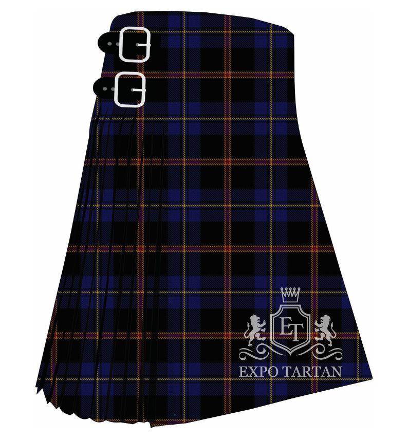 Men's City of Rome Pipe Band Tartan Kilt showing traditional knife pleats and black leather side straps in a dark navy and black sett, intricately intersected by bright yellow and maroon overchecks