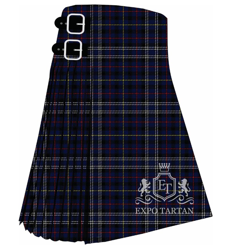 Men's City of Sarnia Tartan Kilt showing traditional knife pleats and black leather side straps in a deep navy and black sett, intricately intersected by white, yellow, and red overchecks