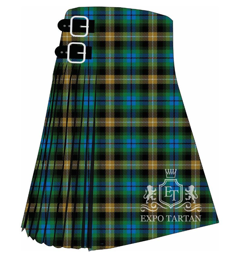 Men's Clackmannanshire Tartan Kilt showing traditional knife pleats and black leather side straps in a deep green and black sett, intricately intersected by blue, golden-yellow, and white overchecks