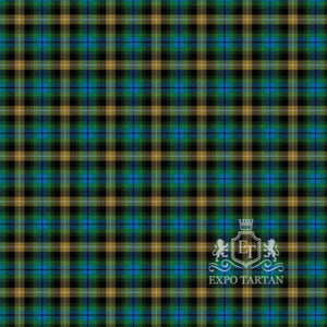 Men's Clackmannanshire Swatch showing a deep green and black sett, intricately intersected by blue, golden-yellow, and white overchecks